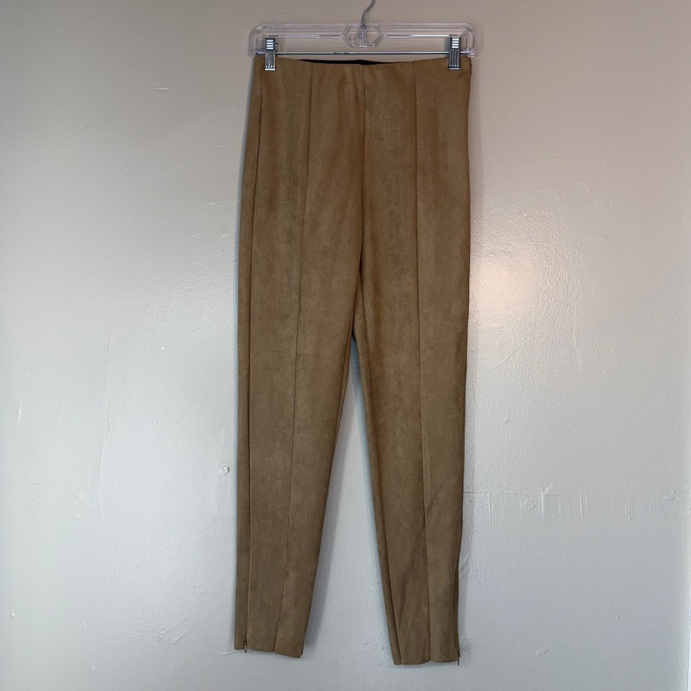 Zara Faux Suede High Rise Leggings Tan Camel Front Seam Ankle Zip Pants Womens M